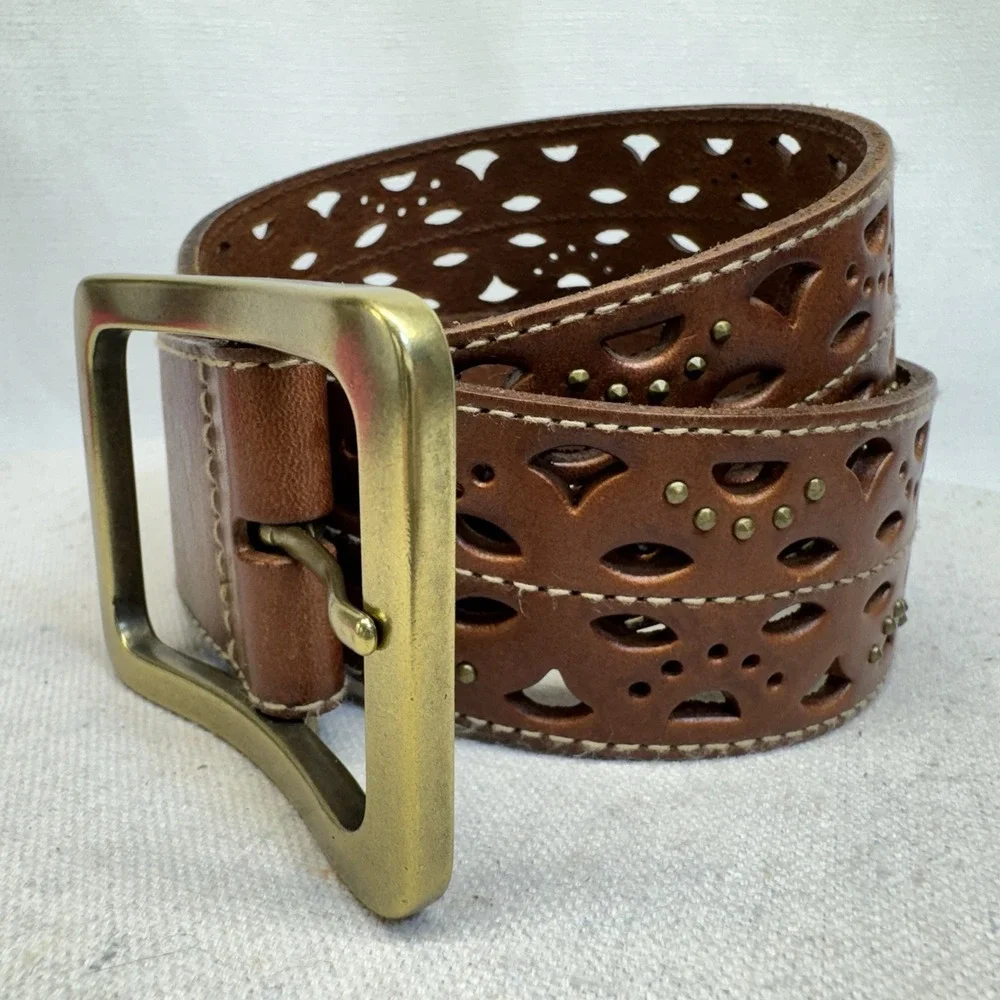 Eddie Bauer Leather‎ Belt Womens M Brown Laser Cut Studded Western Boho Eyelet